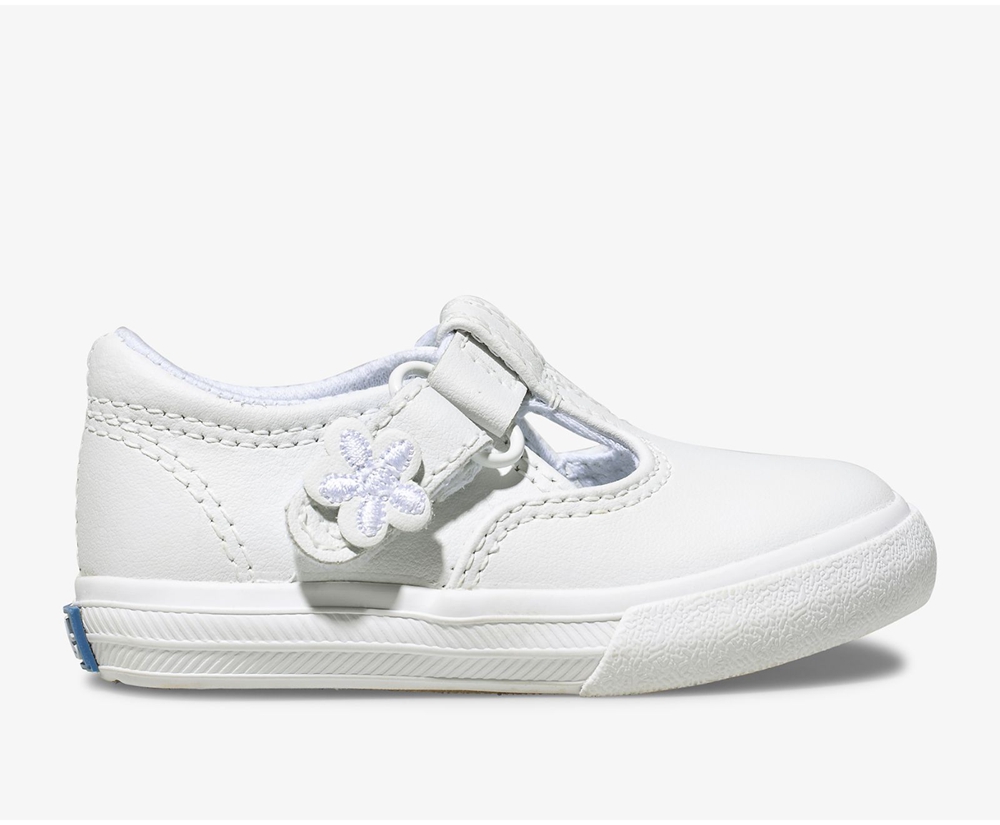 Slip Ons Keds Niños Blancas - Daphne T-Strap Cuero - 136-HSLNUR